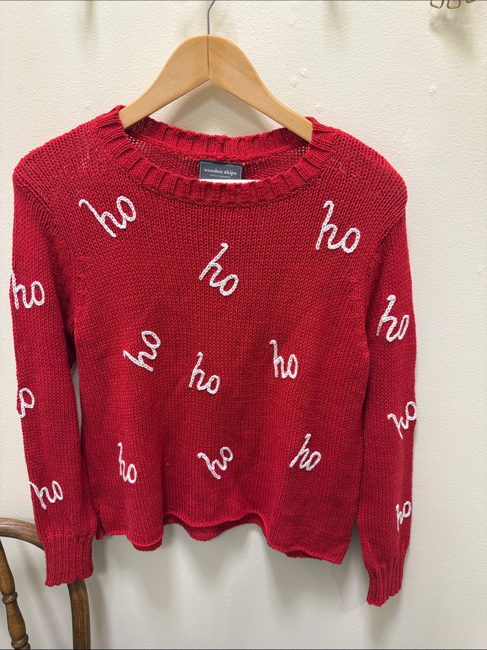 Wooden Ships Red Crewneck Sweater with White 'ho' Embroidery
